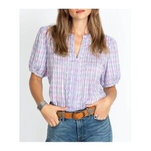 Johnny Was Malo Puff Sleeve Top Blouse Lilac‎ Embroidered Bird Floral Women's L